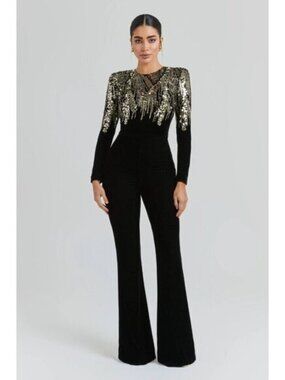 Nadine Merabi Katarina Black Gold Sequin Jumpsuit Small NWT $545